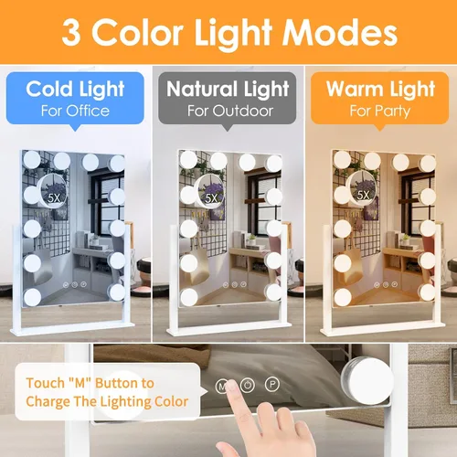 Vista 2 de Dirket Espejo de tocador con luces, espejo de maquillaje iluminado Hollywood con 3 modos de iluminación de color y 12 bombillas regulables, aumento
