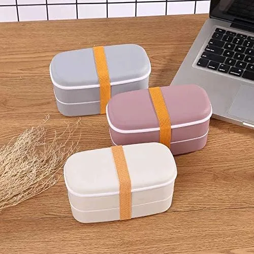 Vista 5 de kkhouse Paquete de 2 loncheras de 2 capas para microondas con compartimentos a prueba de fugas, contenedor de alimentos aislado con palillos