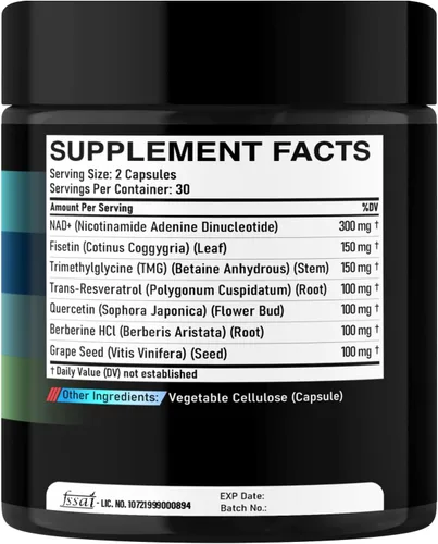 Vista 7 de DEDICAD Suplemento NAD.+ - Combinado con Resveratrol, Quercetina, Berberina, Fisetina, TMG y Semilla de Uva - 60 Cápsulas