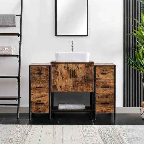 Vista 25 de eclife Lavabo de tocador de baño de 24 pulgadas, gabinete de metal moderno con estante inferior, fregadero azul para barco y grifo de ahorro de agua