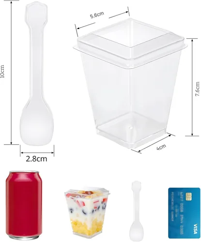 Vista 3 de Paquete de 60 tazas de postre de plástico de 5 onzas con tapas y cucharas, sirve 20 tazas de aperitivo de yogur para fiestas, mini tiradores