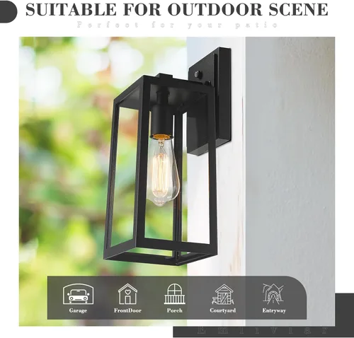 Vista 2 de Emliviar WE212B BK - Farol de pared para exteriores, 13.8 pulgadas, 1 luz exterior para porche en acabado negro con vidrio transparente, WE212B BK
