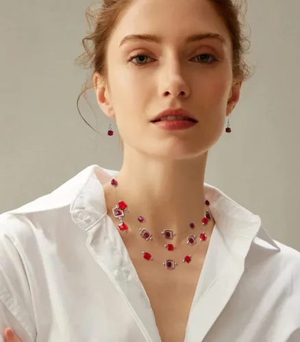 Vista 3 de Collar de cuentas de plata en capas para mujer, cuentas de cristal cuadradas, collar y aretes, disfraces de moda, conjuntos de joyas para mujer