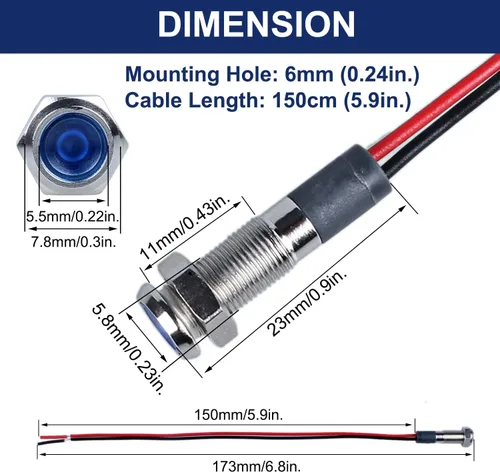 Vista 3 de 5 piezas de luz indicadora LED de 12V-24V de 6mm con orificio de montaje de 1/4" de 20mA, lámpara de señal de metal impermeable IP67 con ahorro