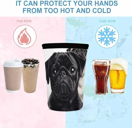 Vista 4 de Cute Black Pug Dog Reusable Insulated Neoprene Iced Coffee Cup Sleeves 3 Sizes Diving Material Cup Durable Beverage Covers for Cold Coffee Tea Drinks