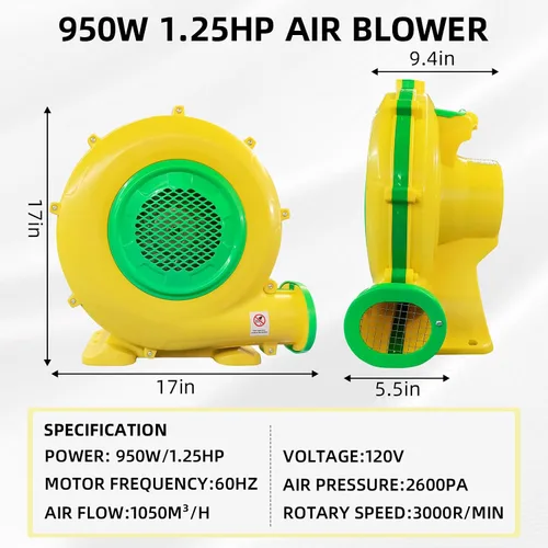 Vista 2 de Soplador de Aire, Soplador de Casa de Rebote de 950W 1.25HP, Ventilador de Bomba Portátil Perfecto para Castillo Hinchable, Saltarín, Tobogán