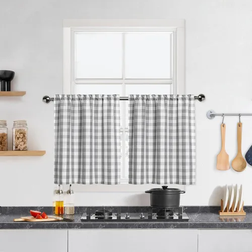 Vista 24 de Cortinas de Cocina Estilo Granja de Cuadros Vichy Blanco y Negro de 24 Pulgadas de Largo, Cortinas de Café de Media Ventana de Cuadros Buffalo