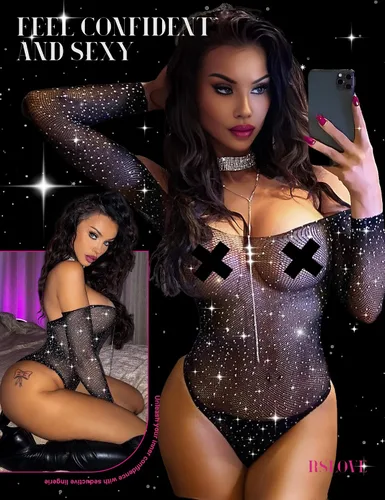 Vista 3 de RSLOVE Lencería para mujer, body de malla sexy con diamantes de imitación brillantes