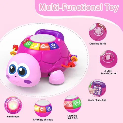 Vista 2 de Ussybaby Juguetes Musicales de Tortuga para Bebés de 6 a 12 Meses, Juguete Musical Iluminado para Tiempo Boca Abajo del Bebé con Teléfono, Juguetes