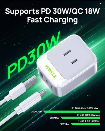 Vista 3 de Extensor de toma de pared 5 en 1 con 5 puertos 2 AC, 2 USB-C, 1 USB-A
