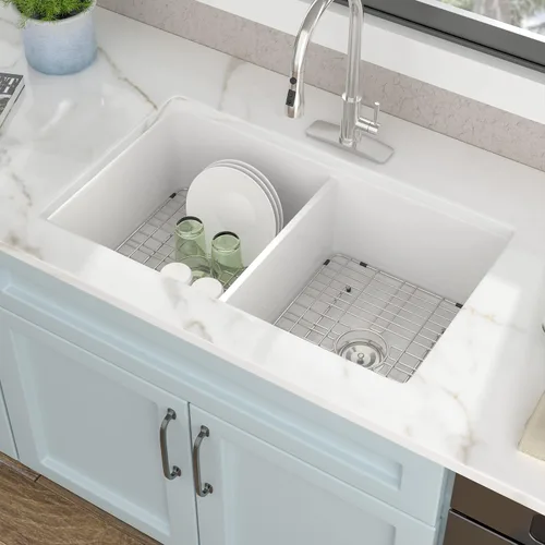 Vista 3 de Fregadero de cocina blanco de 32 x 19 pulgadas, cuenco doble de arcilla refractaria de porcelana de cerámica blanca, doble montaje 50/50, montaje