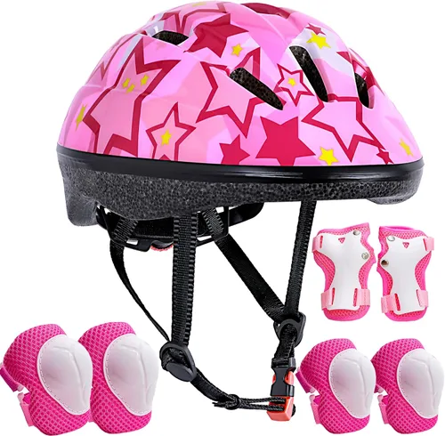 Vista 9 de Casco de bicicleta para niños de 3 a 8 años, casco ajustable para niños y niñas, casco ajustable con rodilleras, coderas, muñequeras