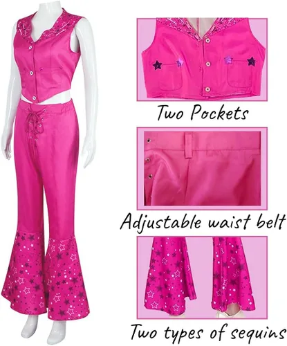 Vista 3 de AutFie Pink Costume Cowgirl suit with scarf Pink Costume Star shaped element of Flared pants Cosplay Adult Women