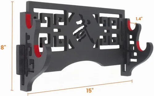 Vista 2 de Soporte de pared para espada de 2 niveles, soporte de exhibición Samurai con patrón hueco para Katana, Wakizashi y espadas estándar Terciopelo Rojo