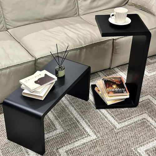 Vista 6 de Mesa auxiliar en forma de C, mesa auxiliar de madera maciza para sofá, cama y sala de estar, mesa auxiliar pequeña para aperitivos que ahorra