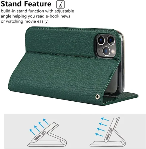 Vista 6 de iCoverCase Compatible con iPhone 11 Pro Max, funda magnética de piel auténtica con bloqueo RFID, correa para la muñeca y ranuras para tarjetas, Verde
