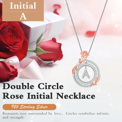 Vista 2 de RIVIKO Regalos de San Valentín para ella, collares de plata esterlina 925 con inicial de círculo de rosas, collares con dije de letra inicial