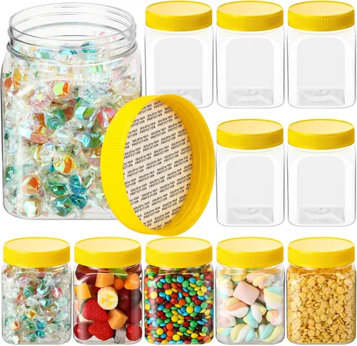 Vista 9 de Nosiny 6 tarros de plástico transparente de 24 onzas con tapas, recipientes cuadrados de plástico grandes para dulces con tapas de rosca, Negro