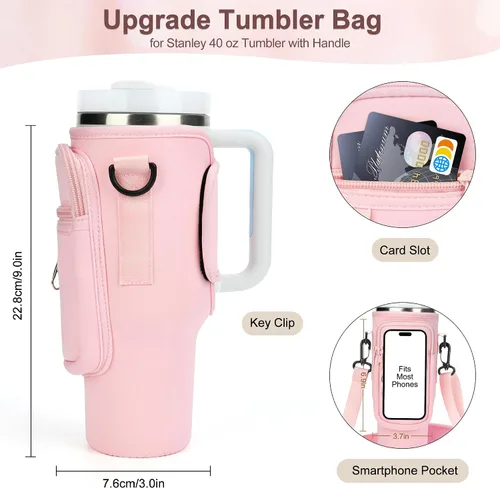 Vista 6 de Soporte para botella de agua con inicial para vaso Stanley Cup de 40 onzas, bolsa de transporte para botella de agua con correa para Stanley Simple