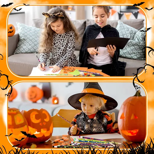 Vista 4 de Yexiya Juego de 48 lápices y borradores de Halloween, lindo lápiz de Halloween, mini borrador de calabaza de Halloween para niños, regalos