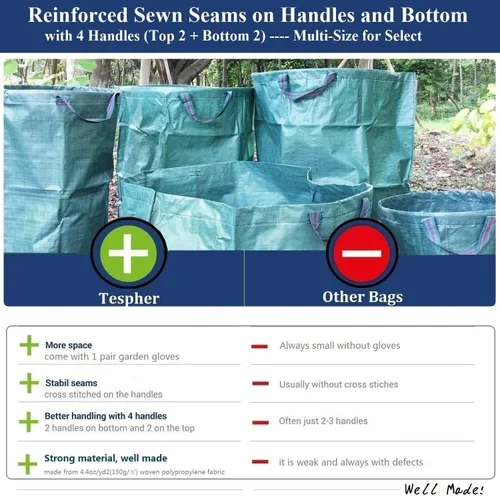 Vista 8 de Paquete de 2 bolsas profesionales de jardín grandes de 80 galones (D26, H33 pulgadas) con guantes de jardinería para bolsas de hojas, residuos