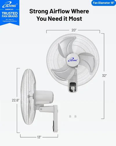 Vista 2 de iLiving Ventilador oscilante de montaje en pared con inclinación ajustable, 18 pulgadas, 3 velocidades, rejilla y hoja de metal, oscilación de 90