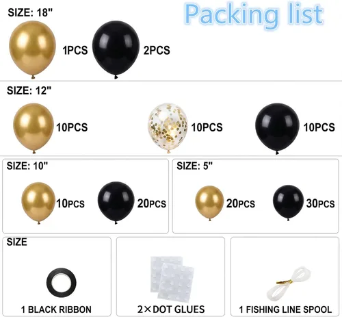 Vista 2 de Kit de arco de guirnalda de globos negros y dorados, 18, 12, 10, 5 pulgadas, globos de látex de confeti dorado metálico negro para decoraciones