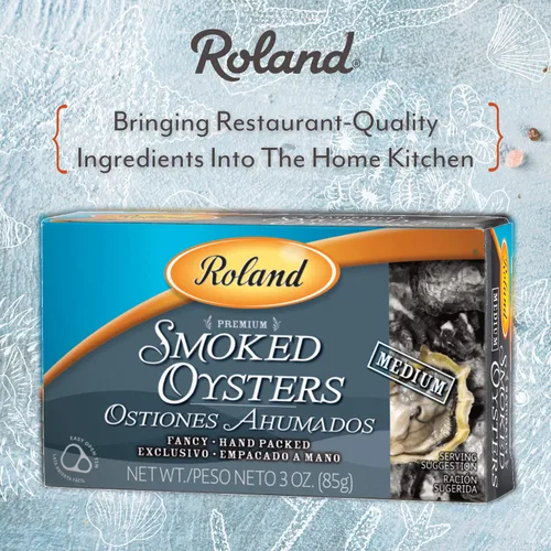 Vista 3 de Roland Foods Ostras medianas ahumadas naturalmente prémium en aceite, capturadas en la naturaleza, alimentos importados especiales, 3 onzas, paquete