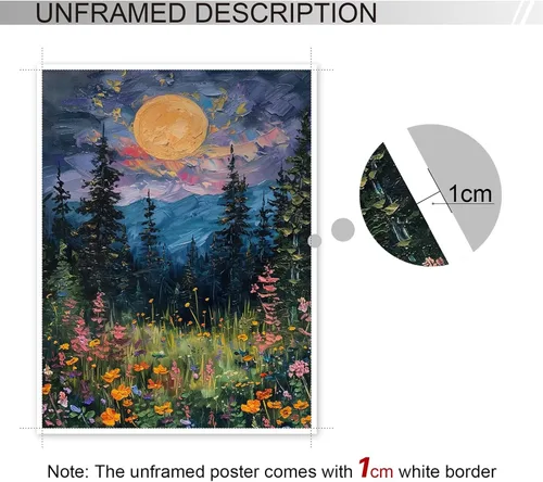 Vista 3 de Yuaruo Póster vintage de luna llena sobre las flores silvestres, lienzo místico de bosque de medianoche para pared, pintura al óleo retro de flores