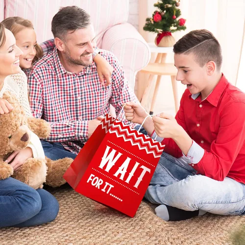 Vista 4 de Zonon 8 bolsas de regalo divertidas de Navidad con asas, bolsas de favor de fiesta de Navidad rojas y verdes con frases humorísticas, suministros