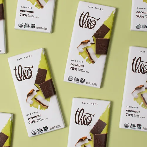 Vista 5 de Theo Barra de chocolate negro orgánico de coco y chocolate, 70% cacao, paquete de 6 Vegano, comercio justo