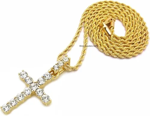 Vista 3 de Shiny Jewelers USA Collar de cadena cubana para hombre, diseño de micro cruz de oro