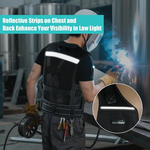 Vista 7 de MELOTOUGH Chaleco de herramientas para hombre con bolsillos y cinturón, chaleco de seguridad ajustable de múltiples bolsillos para electricista