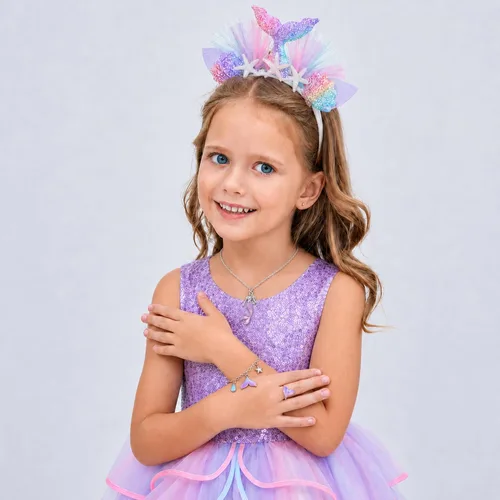 Vista 4 de Vestido de princesa unicornio, disfraz, joyas y diadema para niñas pequeñas Princesa sirena 9