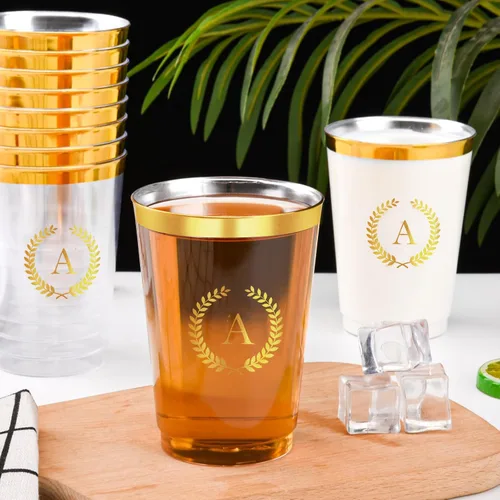 Vista 3 de 100 vasos de plástico con monograma de lámina dorada con letra A, vasos desechables de 12 onzas con inicial transparente para fiestas, bodas
