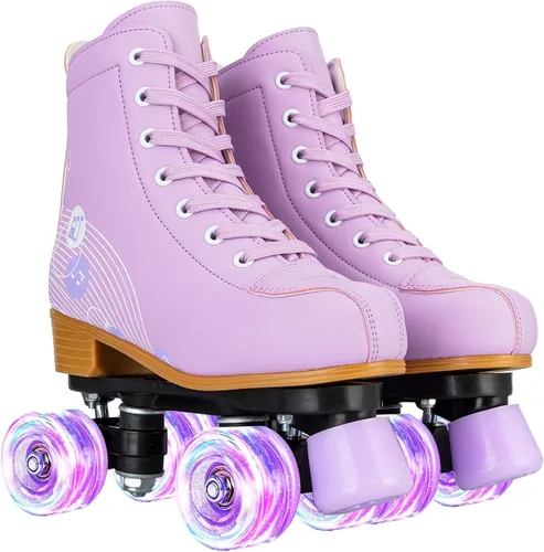 Vista 9 de YYW Patines para niñas y mujeres, fantásticos patines de piel sintética rosa y morado con luz para niños y jóvenes, para interiores y exteriores