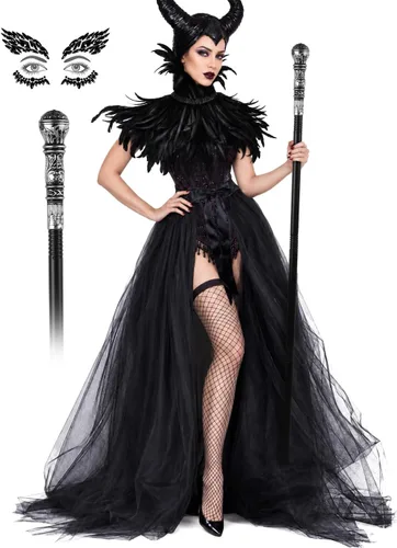 Vista 8 de UQJE Disfraz de bruja gótica para mujer, falda de tul, chal de plumas y Negro1