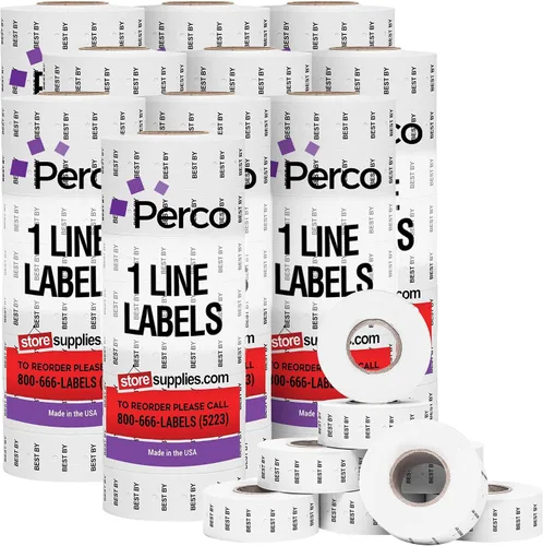 Vista 14 de Perco 1 línea de impresión inversa morada en etiquetas blancas de panadería, 8,000 etiquetas para pistolas Perco Lite, X, Plus y Pro, con diseño a