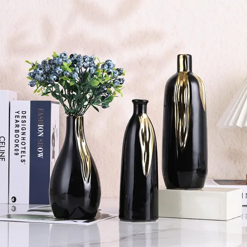 Vista 9 de Juego de 3 jarrones negros y dorados, jarrones decorativos modernos de cerámica para sala de estar, recámara, decoración artística, chimenea