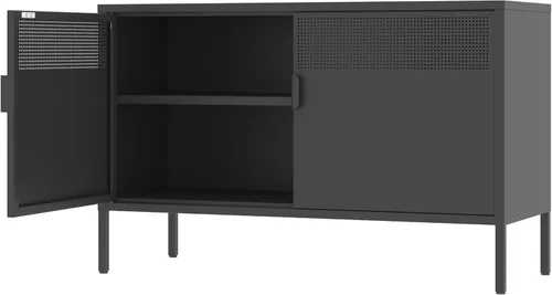 Vista 8 de Armario de almacenamiento de metal negro con 2 puertas, soporte de TV de 25 pulgadas de alto, armario de 2 niveles con estantes ajustables, gabinete