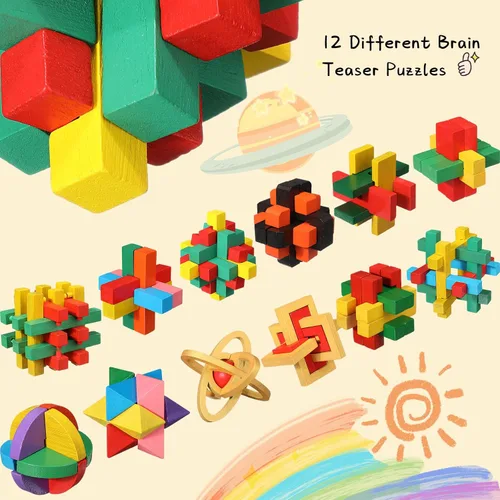 Vista 2 de Syhood Juego de 12 piezas de rompecabezas de madera para el cerebro 3D IQ Challenge Toy Games Logic Mind Smart Puzzle Box Lock Toy Brain Teaser