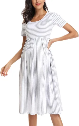 Vista 3 de BBHoping Vestido de maternidad casual a rayas para mujer, manga corta y 34, longitud hasta la rodilla, ropa de embarazo para baby shower