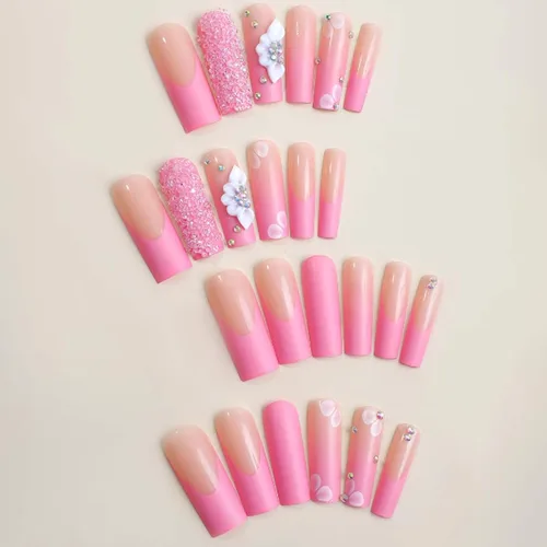 Vista 57 de Uñas postizas francesas a presión, uñas postizas largas de acrílico con forma de ataúd de cobertura completa, uñas postizas de bailarina