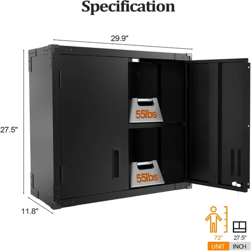 Vista 3 de VINGLI Armario de Pared para Garaje con Puertas con Cerradura y Estante Ajustable, Gabinete de Pared de Metal, Gabinete de Almacenamiento Superior