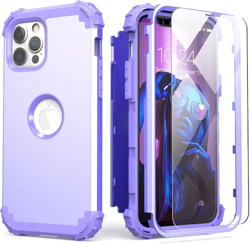 Vista 13 de IDweel Funda para iPhone 12 Pro Max con protector de pantalla de vidrio templado, híbrido 3 en 1, a prueba de golpes, delgada, resistente, cubierta