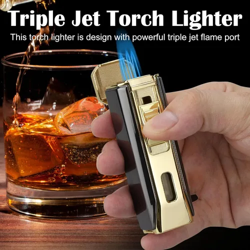 Vista 4 de Encendedor de llama triple jet con punzón y soporte, linterna multifuncional resistente al viento, encendedor de butano recargable, caja de regalo