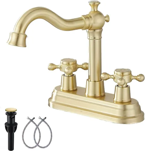 Vista 17 de Grifo de Baño GGStudy de Latón Antiguo de 2 Manijas de 4 Pulgadas Grifo Central de Tocador de Baño con Conjunto de Drenaje y Manguera de Suministro