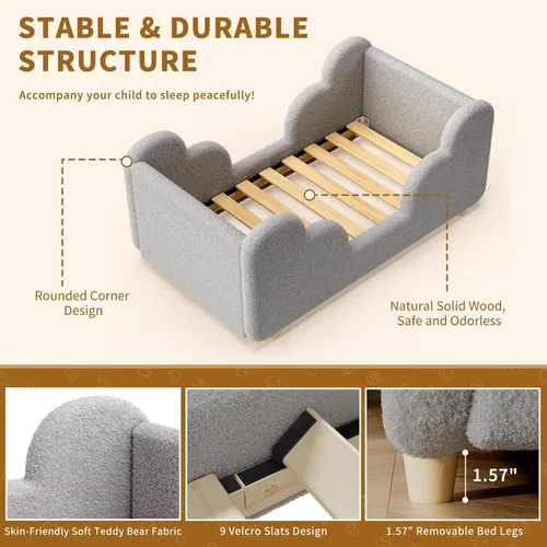 Vista 2 de Cama Montessori tapizada con rieles extraíbles Gris