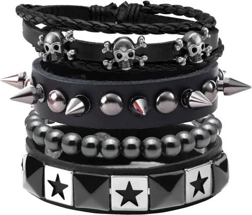 Vista 8 de MILAKOO Juego de 4 pulseras de estilo gótico con hebilla de calavera y estrella, ajustable, joyería punk vintage