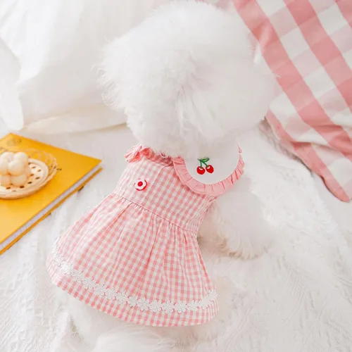 Vista 4 de Vestido de princesa para perro, vestido de princesa con solapa, bordado de cereza, suave, transpirable, vestido de verano para perros pequeños